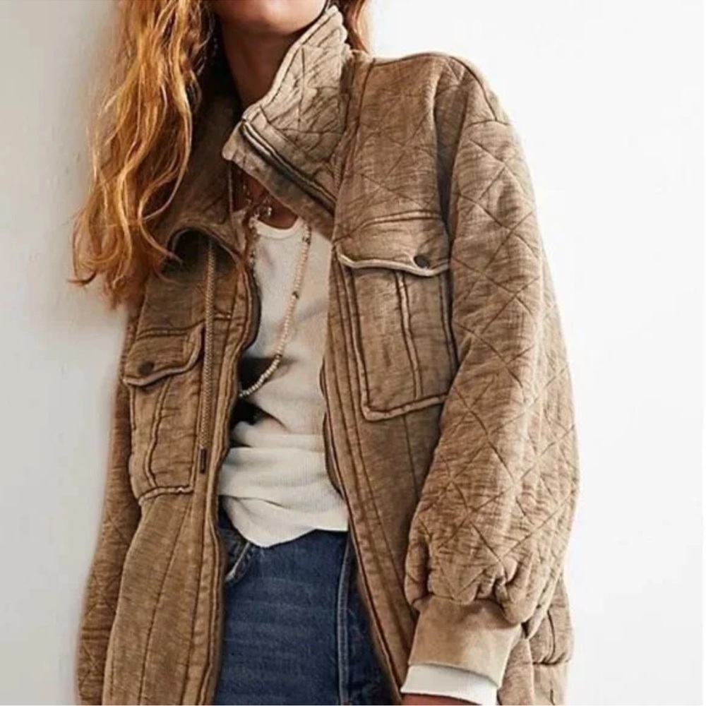 We the Free Luna Cozy Bomber Jacket Distressed Brown - Picture 5 of 16